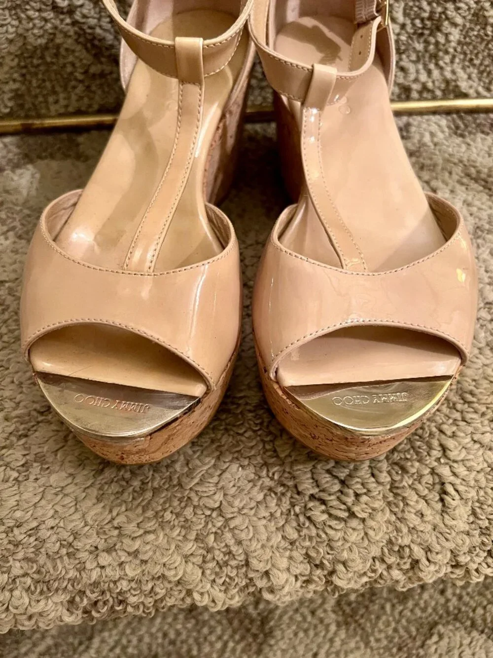 Jimmy Choo Pania Nude Patent Leather & Cork Wedge Heel Sandals Size 36.5 or 6.5